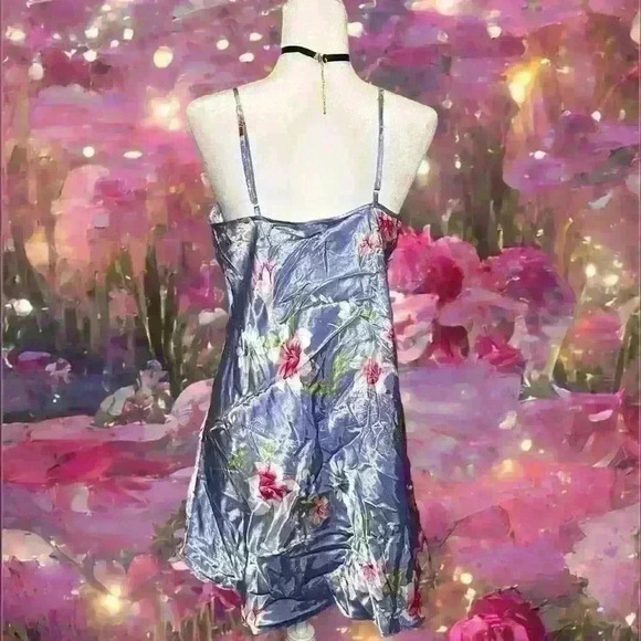 Y2K 90s Sand Blue Floral Satin Midi Slip Dress By LA Intimates - Picture 6 of 9